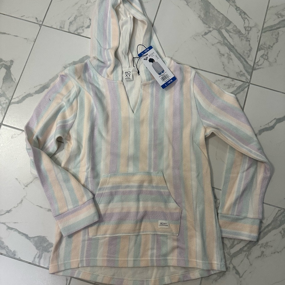 Roxy Pastel Striped V-Neck Hoodie Sweater - Cream, Pink, Blue, Yellow